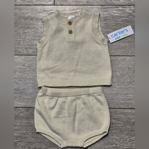 New Carter's Baby Infant 100% Cotton Beige Knit Diaper Cover And Top Outfit Set